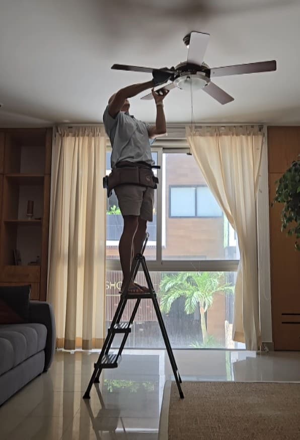 Qtana cleaner cleaning a ceiling fan from a step ladder
